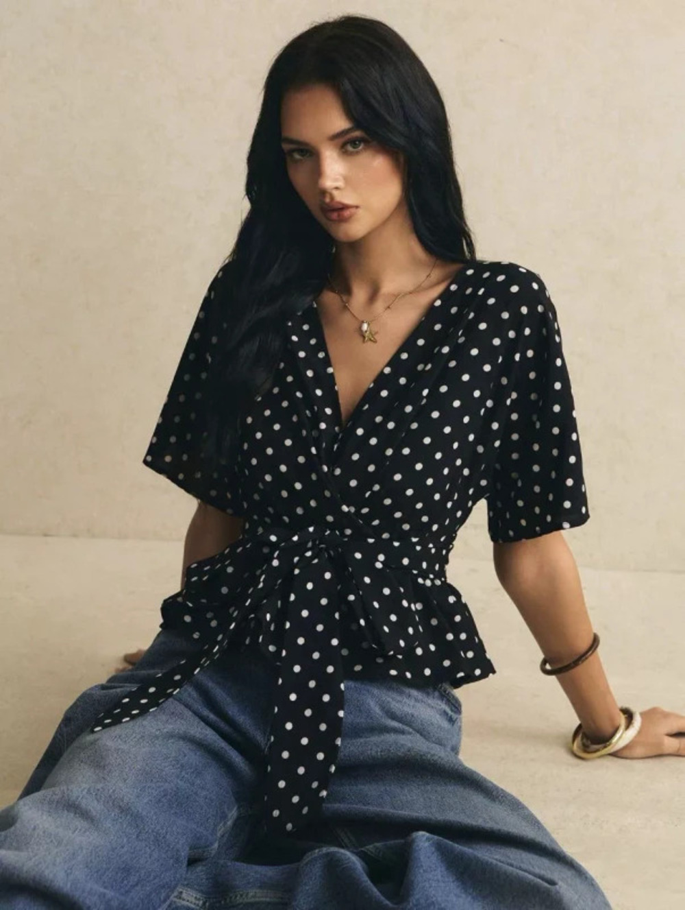 ZARA Polka Dot Three Quarter Sleeve Blouse French Elegance Front Tie Slimming